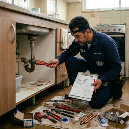 Bombeiro hidráulico consertando tubulação residencial com ferramentas profissionais
