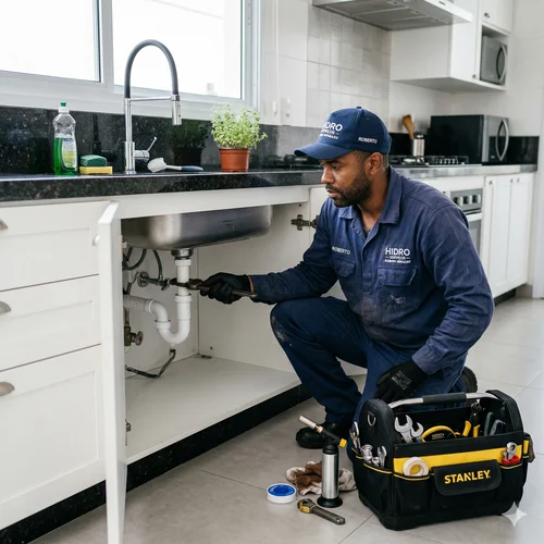 Bombeiro hidráulico profissional desentupindo pia de cozinha em BH