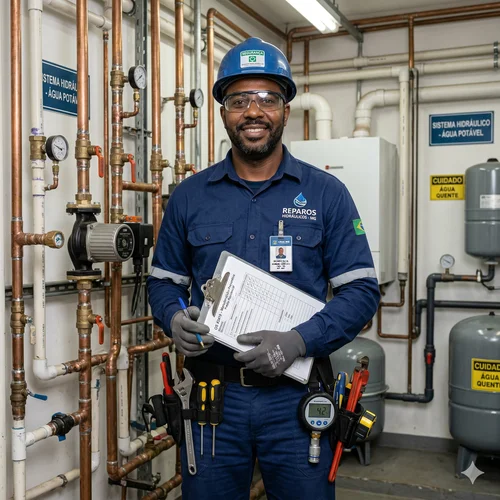 Encanador consertando tubulação residencial em banheiro