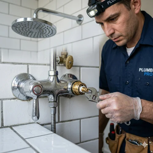 Registro de chuveiro com vazamento de água gotejando no banheiro